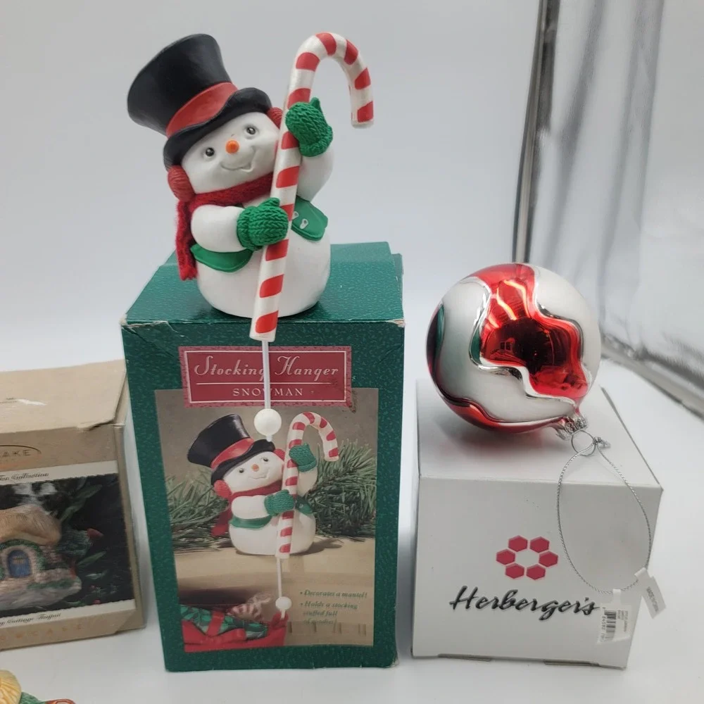 Hallmark Keepsake Ornament Lot Snowman Stocking Hanger Herbergers Glass Ball